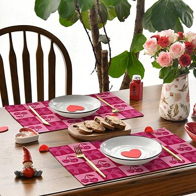 Pink Buffalo Plaid Cherry Bow Placemats Set of 4, Valentine Table Mats
