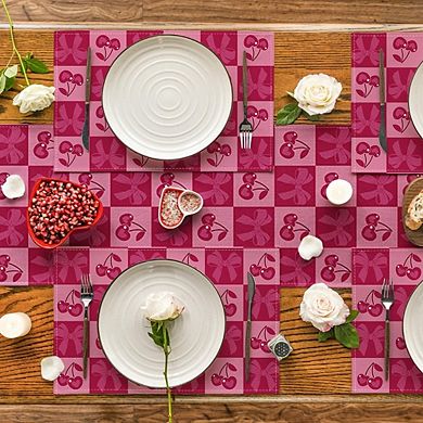 Pink Buffalo Plaid Cherry Bow Placemats Set of 4, Valentine Table Mats