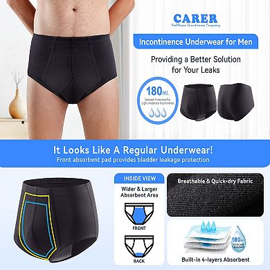 Carer 2-Pack Washable Incontinence Underwear for Men 180ml Absorbency Reusable Leakproof Briefs