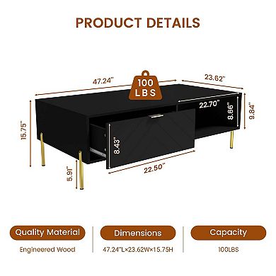47. 24 in Rectangle MDF Coffee Table Modern Accent Table with 2 Drawers and storage