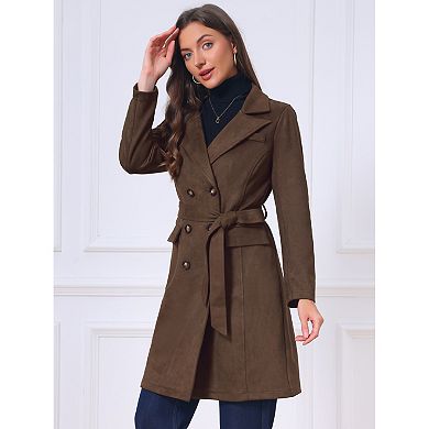 Women's Faux Suede Trench Coat Notched Lapel Double Breasted Mid-Long Overcoat Fall Winter with Belt