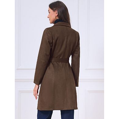 Women's Faux Suede Trench Coat Notched Lapel Double Breasted Mid-Long Overcoat Fall Winter with Belt