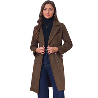 Women's Faux Suede Trench Coat Notched Lapel Double Breasted Mid-Long Overcoat Fall Winter with Belt