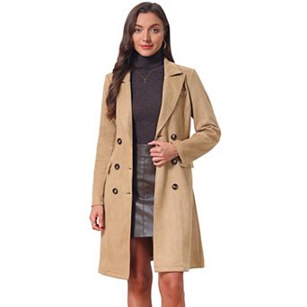 Women's Faux Suede Trench Coat Notched Lapel Double Breasted Mid-Long Overcoat Fall Winter with Belt