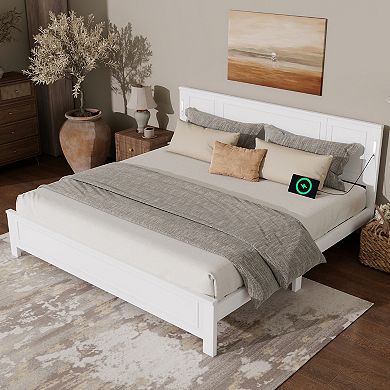 KWPZQEB Pinewood Platform Bed with Headboard & Footboard, Built-in LED Light & USB Charging Station