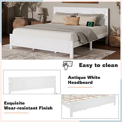 KWPZQEB Pinewood Platform Bed with Headboard & Footboard, Built-in LED Light & USB Charging Station