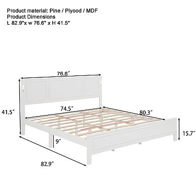KWPZQEB Pinewood Platform Bed with Headboard & Footboard, Built-in LED Light & USB Charging Station