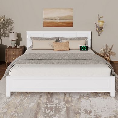 KWPZQEB Pinewood Platform Bed with Headboard & Footboard, Built-in LED Light & USB Charging Station
