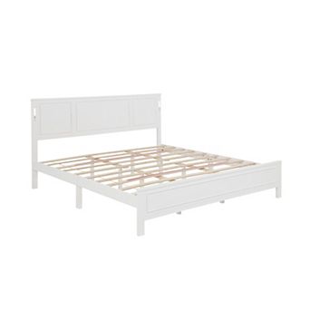KWPZQEB Pinewood Platform Bed with Headboard & Footboard, Built-in LED Light & USB Charging Station
