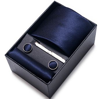 Men's Diamond Grid Pattern Tie Gift Set Necktie Cufflinks Tie Clip Formal Accessory Set