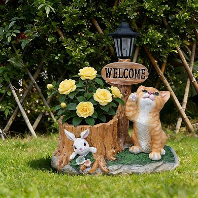KWPZQEB Welcome Cat Solar Planter Decor for Outdoor Garden, Yard