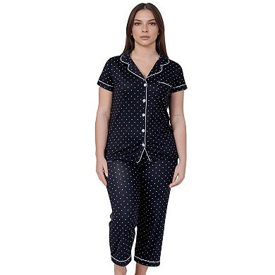 Women’s Capri Short Sleeve 2 Piece Polka Dot Design Pajama Set