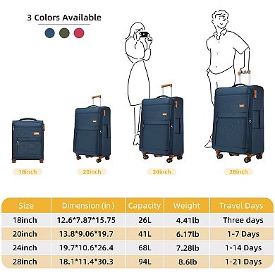 WOW PIONEER Four-Piece Softside Spinner Wheel Luggage Set for Travel