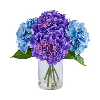 VeriNatural Hydrangea Artificial Flowers in Glass Vase with Faux Water Silk Fake Flower Arrangements