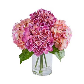 VeriNatural Hydrangea Artificial Flowers in Glass Vase with Faux Water Silk Fake Flower Arrangements