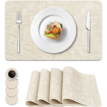 Vinyl Placemats Set of 4, Waterproof Heat-Resistant Faux Leather Table Mats with Coasters