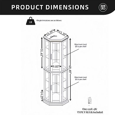 Eazegath Lighted Corner Curio Glass Display Storage Cabinet with 4 Adjustable Shelves and Bulb