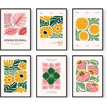 Abstract Floral Botanical Wall Art Poster Set of 6 Collage Prints Decor
