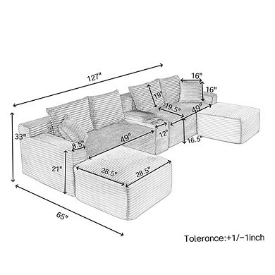 127" U-Shaped Couch Sectional with Multi-Function Center Console, Ottomans, No Assembly