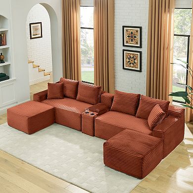 127" U-Shaped Couch Sectional with Multi-Function Center Console, Ottomans, No Assembly