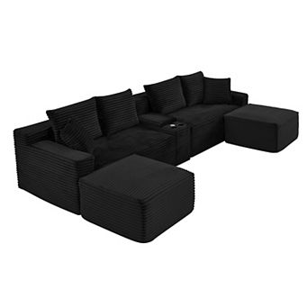 127" U-Shaped Couch Sectional with Multi-Function Center Console, Ottomans, No Assembly