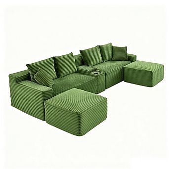 127" U-Shaped Couch Sectional with Multi-Function Center Console, Ottomans, No Assembly