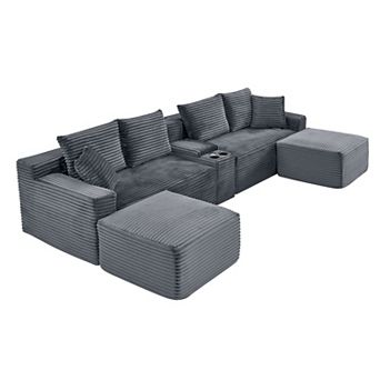 127" U-Shaped Couch Sectional with Multi-Function Center Console, Ottomans, No Assembly