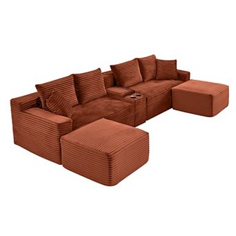127" U-Shaped Couch Sectional with Multi-Function Center Console, Ottomans, No Assembly