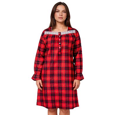 Women’s Long Sleeve Plaid Flannel 100% Cotton Nightgown