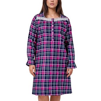 Women’s Long Sleeve Plaid Flannel 100% Cotton Nightgown