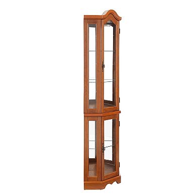 Eazegath Lighted Crown Corner Curio Glass Display Storage Cabinet with Adjustable Shelves and Bulb