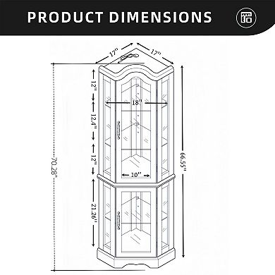 Eazegath Lighted Crown Corner Curio Glass Display Storage Cabinet with Adjustable Shelves and Bulb
