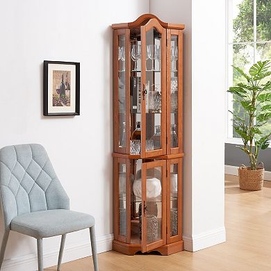 Eazegath Lighted Crown Corner Curio Glass Display Storage Cabinet with Adjustable Shelves and Bulb