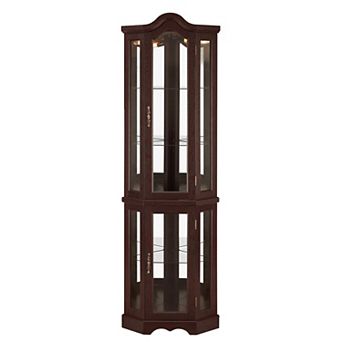 Eazegath Lighted Crown Corner Curio Glass Display Storage Cabinet with Adjustable Shelves and Bulb