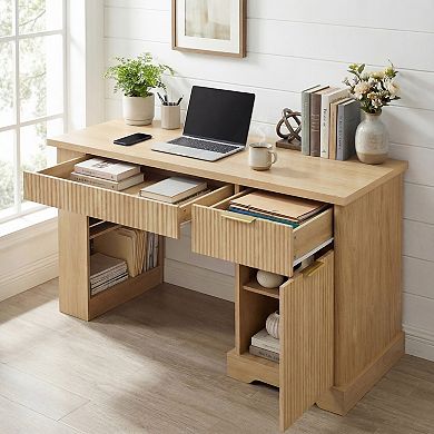 KWPZQEB 55.1" Fluted Office Desk with Door & 2 Drawers, Power Outlet & Pegboard for Office