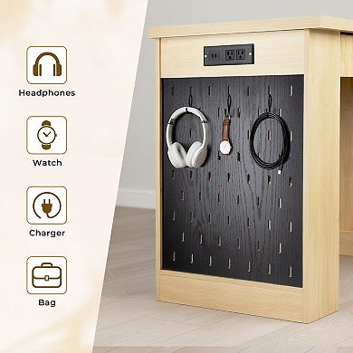 KWPZQEB 55.1" Fluted Office Desk with Door & 2 Drawers, Power Outlet & Pegboard for Office