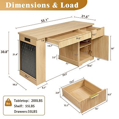 KWPZQEB 55.1" Fluted Office Desk with Door & 2 Drawers, Power Outlet & Pegboard for Office
