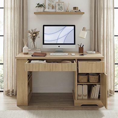 KWPZQEB 55.1" Fluted Office Desk with Door & 2 Drawers, Power Outlet & Pegboard for Office