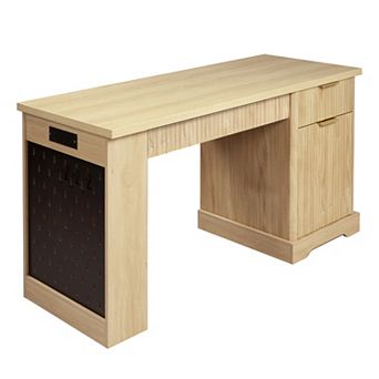 KWPZQEB 55.1" Fluted Office Desk with Door & 2 Drawers, Power Outlet & Pegboard for Office