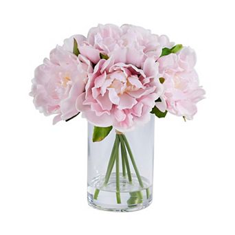 VeriNatural Artificial Peonies in Glass with Faux Water, 6 Stems Realistic Silk Floral Arrangement