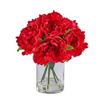 VeriNatural Artificial Peonies in Glass with Faux Water, 6 Stems Realistic Silk Floral Arrangement