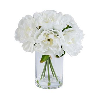 VeriNatural Artificial Peonies in Glass with Faux Water, 6 Stems Realistic Silk Floral Arrangement