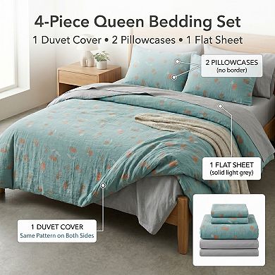 4-Piece Cotton Bedding Set with Cherry Print Duvet Cover and Pillowcases