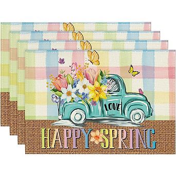 Pink Blue Buffalo Plaid Truck Floral Placemats Set of 4 Spring Seasonal Table Mats