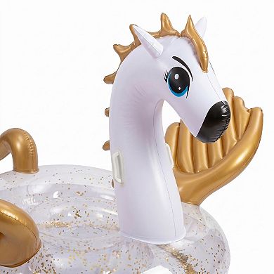 Inflatable Unicorn Pool Float with Glitter Interior and Backrest Durable PVC Water Float