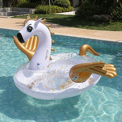 Inflatable Unicorn Pool Float with Glitter Interior and Backrest Durable PVC Water Float