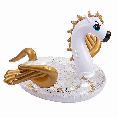 Inflatable Unicorn Pool Float with Glitter Interior and Backrest Durable PVC Water Float