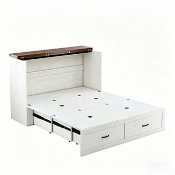 Farmhouse Murphy Bed, Noisy-Free Foldable Cabinet Bed Frame, Charging Station, Drawer, Space Saving