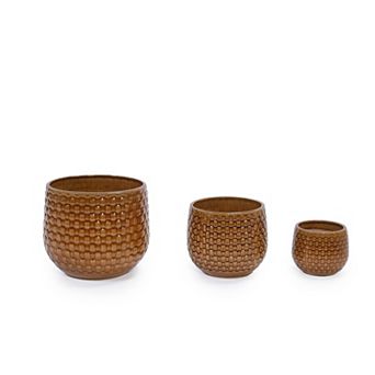KWPZQEB Diamond Pattern Handmade Glazed Ceramic Planter Set of 3, Indoor Planter with Drainage Holes