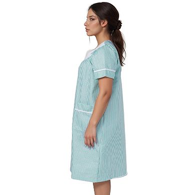 Women’s Short Sleeve Snap Front Striped Design Cotton Blend Duster Housecoat